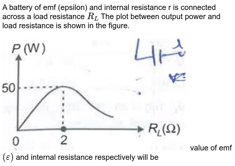 A battery of emf (epsilon) and internal resistance r is connected across a load resistance `R_L` The plot between output power and load resistance is shown in the figure.<img src="https://doubtnut-static.s.llnwi.net/static/physics_images/AAK_TST_05_NEET_YEAR(19)_PHY_E05_024_Q01.png" width="80%"> value of emf `(epsilon)` and internal resistance respectively will be