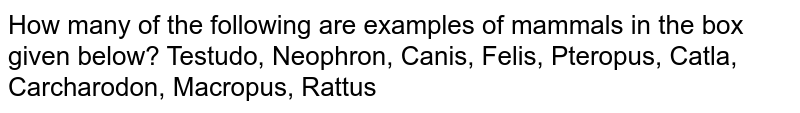 How many of the following are examples of mammals in the box given below? Testudo, Neophron, Canis, Felis, Pteropus, Catla, Carcharodon, Macropus, Rattus