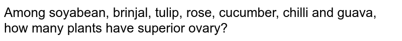 Among soyabean, brinjal, tulip, rose, cucumber, chilli and guava, how many plants have superior ovary?
