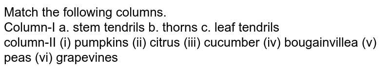 Match the following columns. Column-I a. stem tendrils b. thorns c. leaf tendrils column-II (i) pumpkins (ii) citrus (iii) cucumber (iv) bougainvillea (v) peas (vi) grapevines