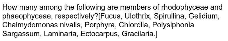 How many among the following are members of rhodophyceae and phaeophyceae, respectively?[Fucus, Ulothrix, Spirullina, Gelidium, Chalmydomonas nivalis, Porphyra, Chlorella, Polysiphonia Sargassum, Laminaria, Ectocarpus, Gracilaria.]