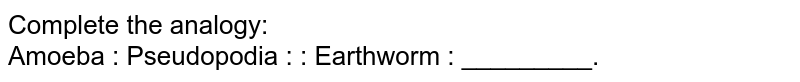 Complete the analogy: Amoeba : Pseudopodia : : Earthworm : _________.