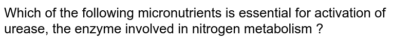 Which of the following micronutrients is essential for activation of urease, the enzyme involved in nitrogen metabolism ?