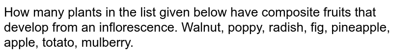 How many plants in the list given below have composite fruits that develop from an inflorescence. Walnut, poppy, radish, fig, pineapple, apple, totato, mulberry.
