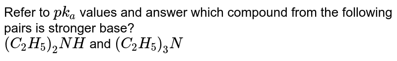 Refer to pk_a values and answer which compound from the following pairs is stronger base? (C_2H_5)_2NH and (C_2H_5)_3N