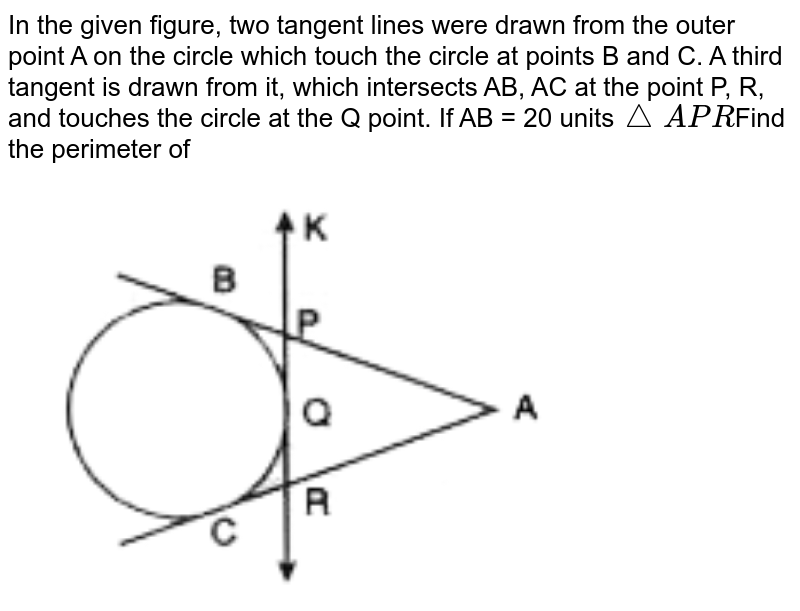 In the given figure, two tangent lines were drawn from the outer point A on the circle which touch the circle at points B and C. A third tangent is drawn from it, which intersects AB, AC at the point P, R, and touches the circle at the Q point. If AB = 20 units triangleAPR Find the perimeter of