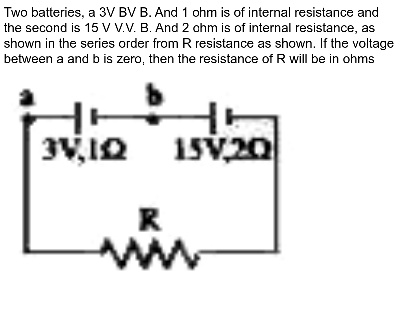 Two batteries one of the emf 3V internal resistance 1 ohm and the