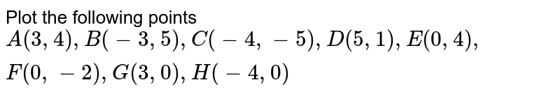 Plot the following points A (3,4), B (-3,5) , C (-4,-5), D (5,1) , E (0,4) , F (0,-2), G (3,0) , H (-4,0)