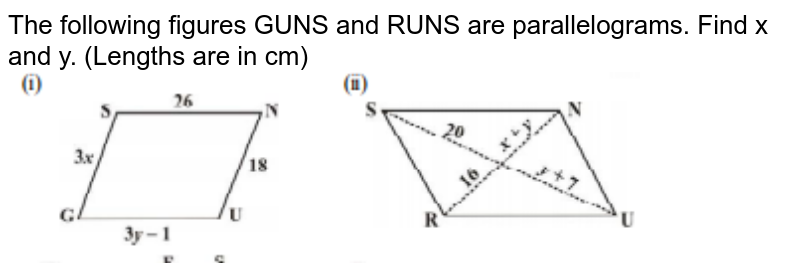 The following figures GUNS and RUNS are parallelograms. Find x and