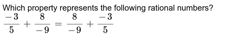 Which property represents the following rational numbers? (-3)/(5) + (8)/(-9) = (8)/(-9) + (-3)/(5)