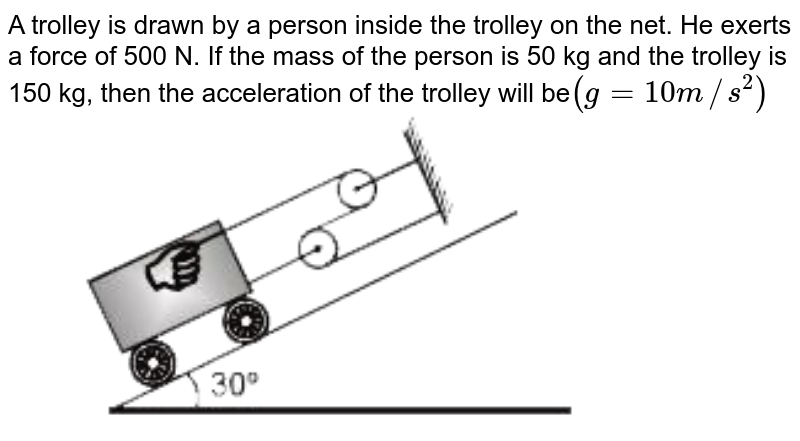A trolley is drawn by a person inside the trolley on the net. He exerts a force of 500 N. If the mass of the person is 50 kg and the trolley is 150 kg, then the acceleration of the trolley will be ( g = 10 m//s^(2))
