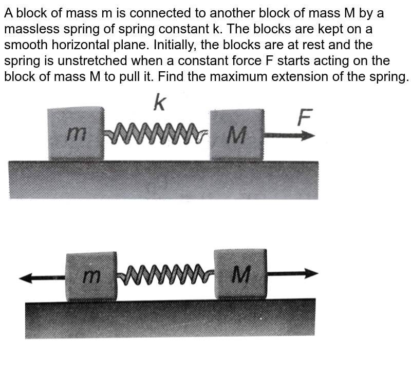 A block of mass m is connect to another block of mass M by a massless spring of spring constant k. The blocks are kept on a smooth horizontal plane. Initially the blocks are at rest and the spring is upstretched when a constant force F starts acting on the block of mass M to pull it. Find the maximum extension of the spring. <br> <img src="https://d10lpgp6xz60nq.cloudfront.net/physics_images/HCV_VOL1_C09_S01_024_Q01.png" width="80%"> 