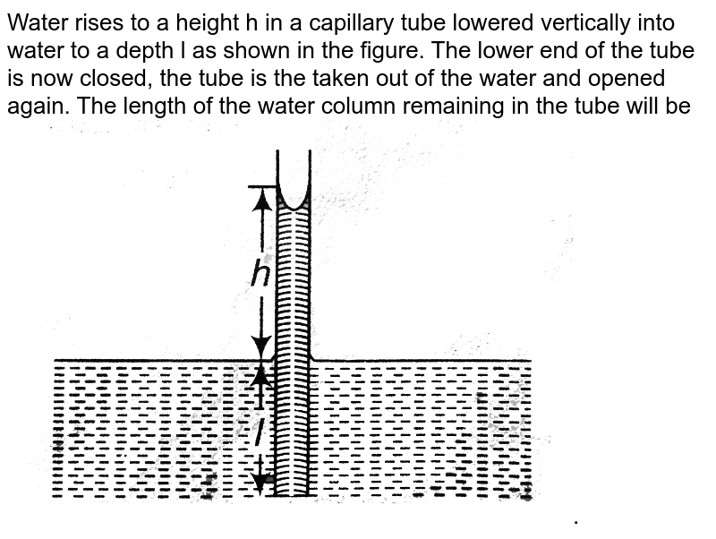 Water rises to a height h in a capillary tube lowered vertically into water to a depth l as shown in the figure. The lower end of the tube is now closed, the tube is the taken out of the water and opened again. The length of the water column remaining in the tube will be .