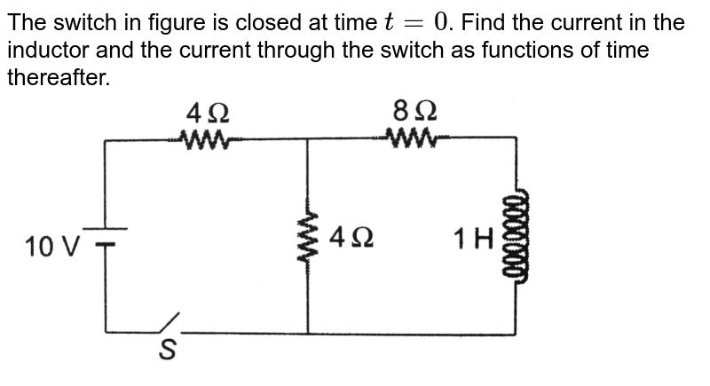 The switch in figure is closed at time `t = 0`. Find the current in the inductor and the current through the switch as functions of time thereafter. <br> <img src="https://d10lpgp6xz60nq.cloudfront.net/physics_images/DCP_V04_C27_E01_082_Q01.png" width="80%">