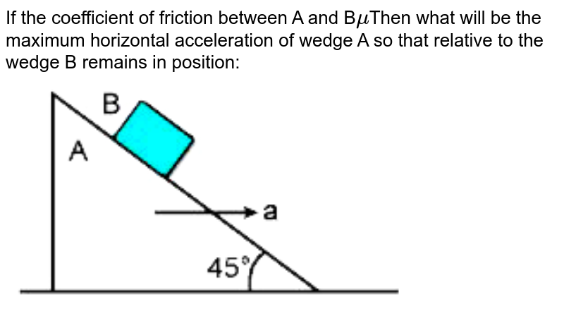 If the coefficient of friction between A and B mu Then what will be the maximum horizontal acceleration of wedge A so that relative to the wedge B remains in position: