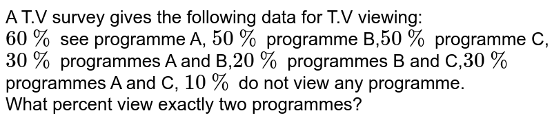 A T.V survey gives the following data for T.V viewing: 60% see programme A, 50% programme B, 50% programme C, 30% programmes A and B, 20% programmes B and C, 30% programmes A and C, 10% do not view any programme. What percent view exactly two programmes?
