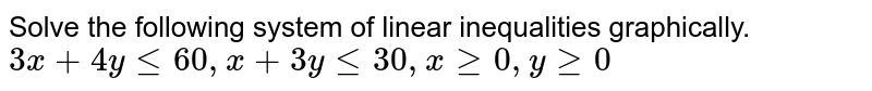 Solve the following system of linear inequalities graphically. <br> `3x + 4y le 60 , x + 3y le 30 , x ge 0 , y ge 0` 