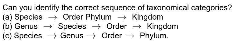 Can you identify the correct sequence of taxonomical categories? (a) Species to Order Phylum to Kingdom (b) Genus to Species to Order to Kingdom (c) Species to Genus to Order to Phylum.