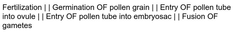Fertilization | | Germination OF pollen grain | | Entry OF pollen tube into ovule | | Entry OF pollen tube into embryosac | | Fusion OF gametes