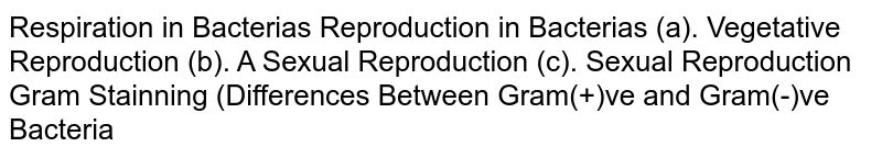 Respiration in Bacterias Reproduction in Bacterias (a). Vegetative Reproduction (b). A Sexual Reproduction (c). Sexual Reproduction Gram Stainning (Differences Between Gram(+)ve and Gram(-)ve Bacteria
