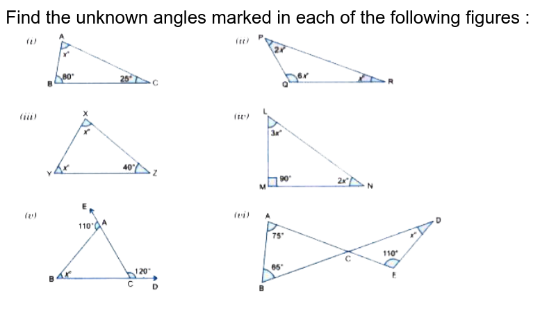 Find giving reasons the unknown marked angles in each triangle