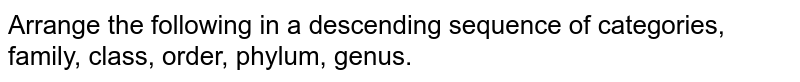Arrange the following in a descending sequence of categories, family, class, order, phylum, genus.