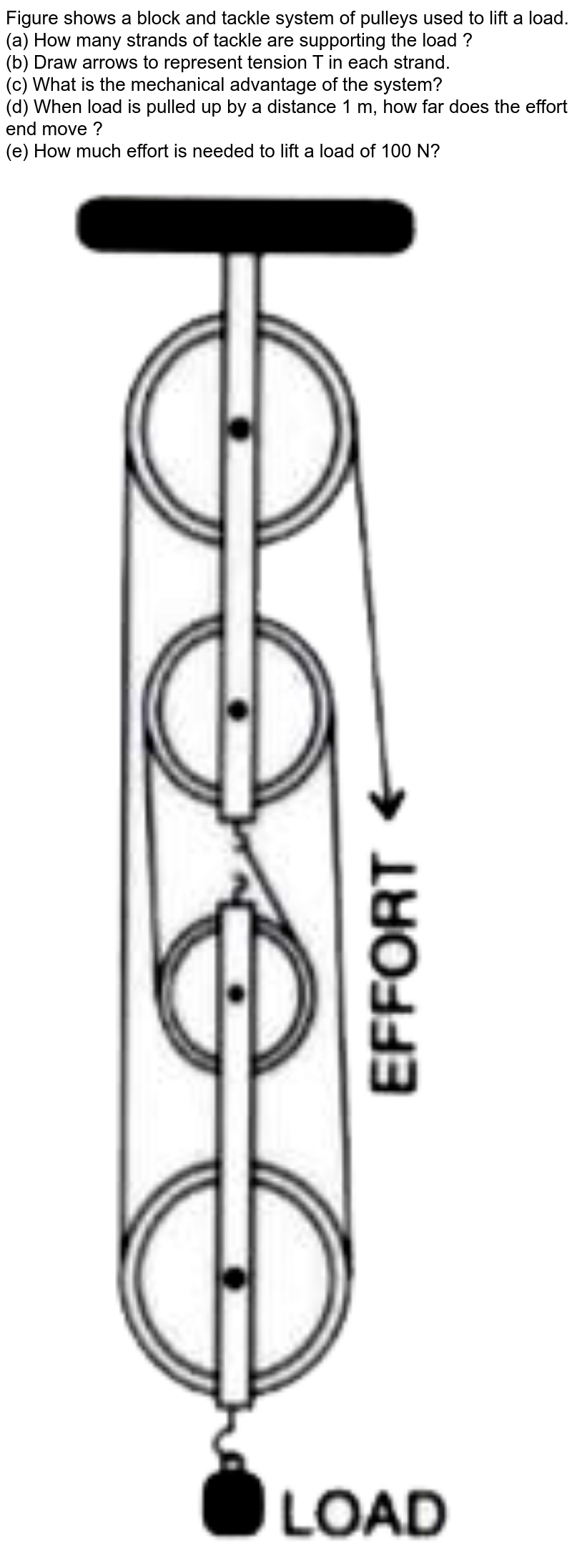 Figure shows a block and tackle system of pulleys used to lift a load. <br> (a) How many strands of tackle are supporting the load ? <br> (b) Draw arrows to represent tension T in each strand. <br> (c) What is the mechanical advantage of the system? <br> (d) When load is pulled up by a distance 1 m, how far does the effort end move ? <br> (e) How much effort is needed to lift a load of 100 N? <br> <img src="https://doubtnut-static.s.llnwi.net/static/physics_images/SEL_RPG_ICSE_PHY_X_C03_E02_032_Q01.png" width="80%">