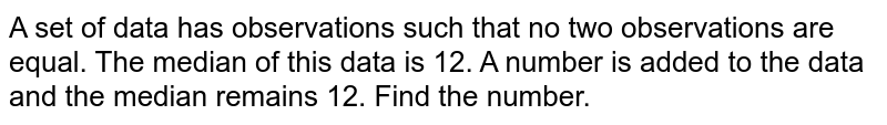 A set of data has observations such that no two observations are equal. The median of this data is 12. A number is added to the data and the median remains 12. Find the number.