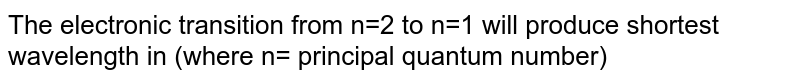 The electronic transition from n=2 to n=1 will produce shortest wavelength in (where n= principal quantum number)