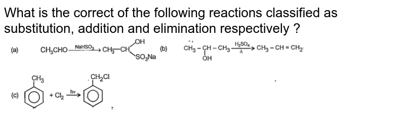 What is the correct of the following reactions classified as substitution, addition and elimination respectively ?