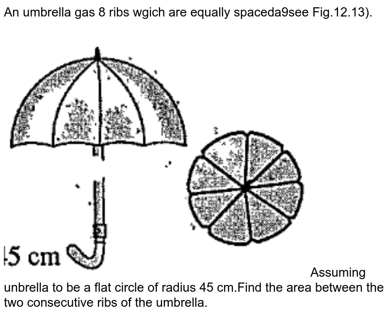 An umbrella has 8 ribs which are equally spaced see figure. Assumi