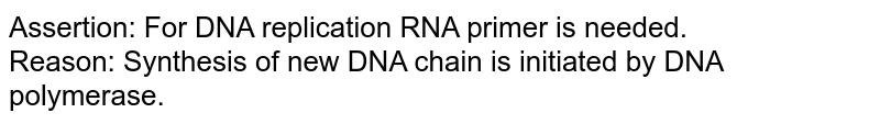 Assertion: For DNA replication RNA primer is needed. Reason: Synthesis of new DNA chain is initiated by DNA polymerase.