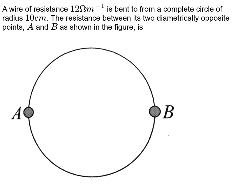 A wire of resistance 12 Omega m^(-1) is bent to from a complete circle of radius 10 cm . The resistance between its two diametrically opposite points, A and B as shown in the figure, is