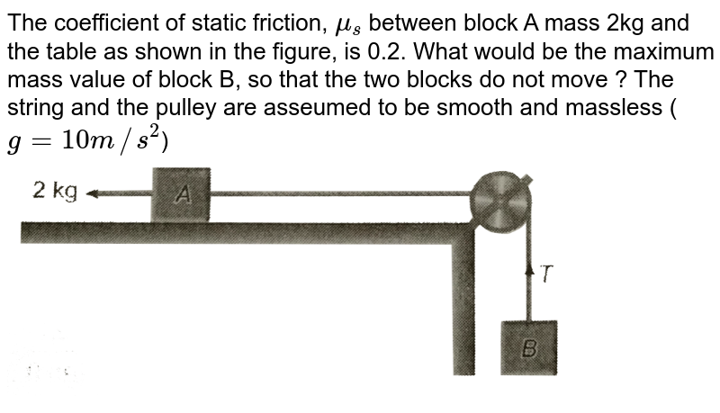 The coefficient of static friction, `mu_(s)` between block A mass 2kg and the table as shown in the figure, is 0.2. What would be the maximum mass value of block B, so that the two blocks do not move ? The string and the pulley are asseumed to be smooth and massless (`g=10m//s^(2)`) <br> <img src="https://d10lpgp6xz60nq.cloudfront.net/physics_images/ARH_31Y_NEET_PHY_C04_E01_032_Q01.png" width="80%">