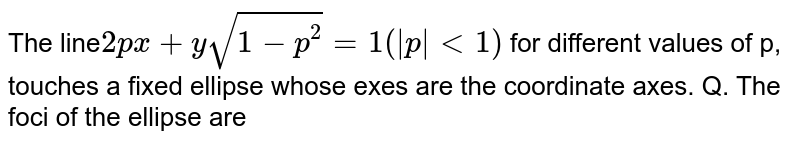 For all real p, the line `2px+ysqrt(1-p^(2))=1` touches a  fixed ellipse whose axex are the coordinate axes <br> The foci of the ellipse are 