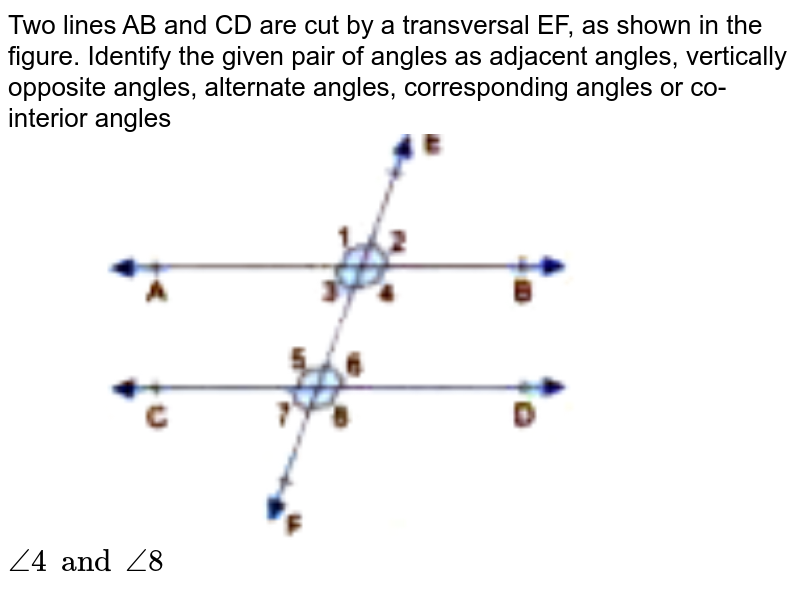Two lines AB and CD are cut by a transversal EF, as shown in the figure. Identify the given pair of angles as adjacent angles, vertically opposite angles, alternate angles, corresponding angles or co-interior angles <br> <img src="https://doubtnut-static.s.llnwi.net/static/physics_images/GBP_RSA_ICSE_MAT_VII_C17_E03_003_Q01.png" width="50%"> <br> `angle4 and angle8`