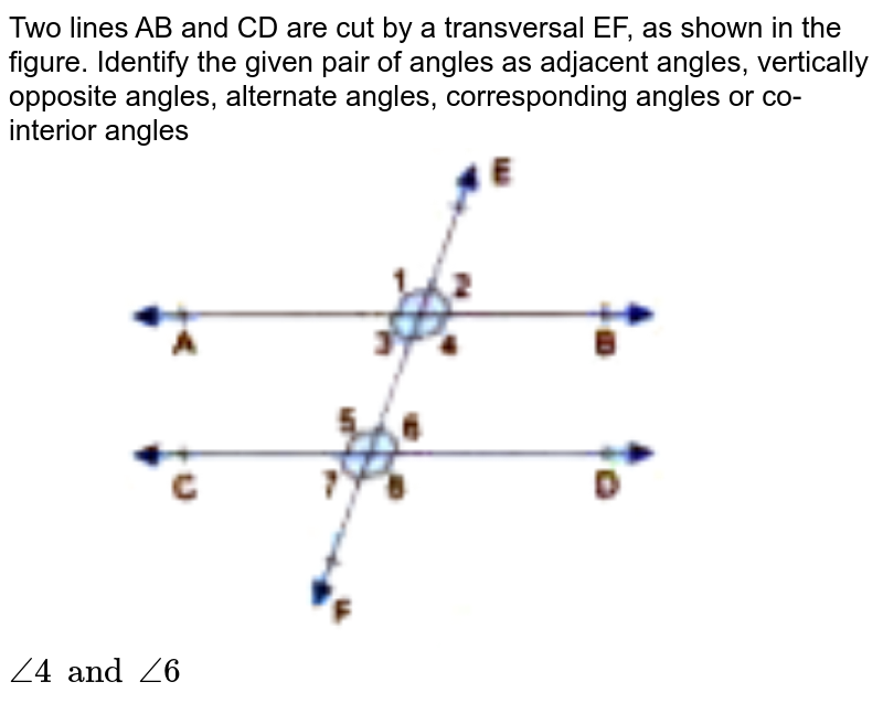 Two lines AB and CD are cut by a transversal EF, as shown in the figure. Identify the given pair of angles as adjacent angles, vertically opposite angles, alternate angles, corresponding angles or co-interior angles <br> <img src="https://doubtnut-static.s.llnwi.net/static/physics_images/GBP_RSA_ICSE_MAT_VII_C17_E03_010_Q01.png" width="50%"> <br> `angle4 and angle6`