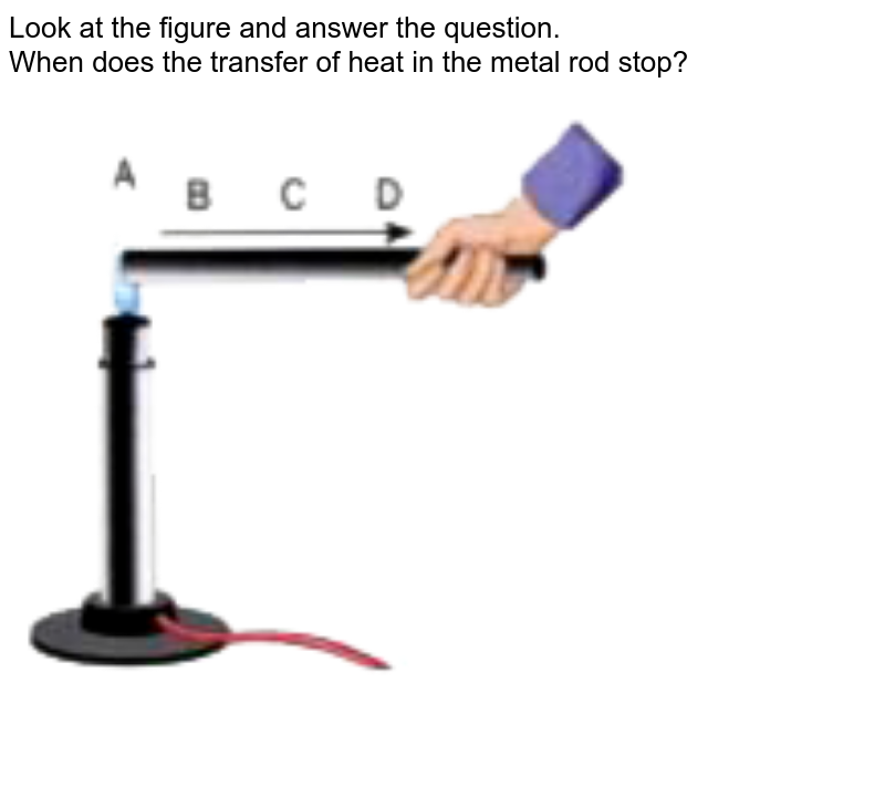 Look at the figure and answer the question.  <br> When does the transfer of heat in the metal rod stop?<br> <img src="https://doubtnut-static.s.llnwi.net/static/physics_images/OXF_ANN_ICSE_SCI_PHY_VII_MTP_02_E01_025_Q01.png" width="80%">