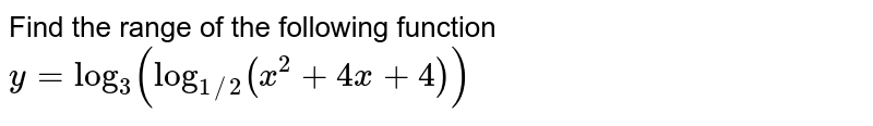 Find the range of the following function <br>`y=log_3(log_(1//2)(x^2+4x+4))`