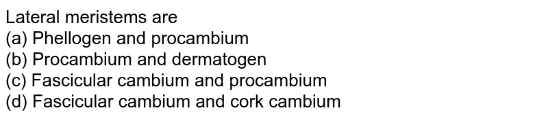 Lateral meristems are (a) Phellogen and procambium (b) Procambium and dermatogen (c) Fascicular cambium and procambium (d) Fascicular cambium and cork cambium