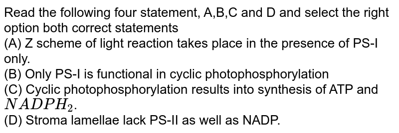 Read the following four statement A,B,C and D and select the right option having both correct statements. statements (A) Z scheme of light reaction takes place in presence of PS I only . (B) Only PS I is functional in cyclic photosporylation (C) Cyclic photophosphorylation results into synthesis of ATP and NADPH_(2) (D) Stroma lamellae lack PSII as well as NADP (a) A and B (b) B and C (c) C and D (d) B and D