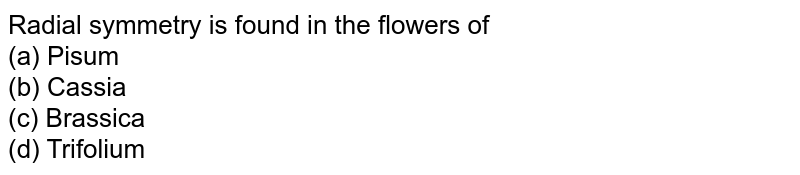 Radial symmetry is found in the flowers of (a) Pisum (b) Cassia (c) Brassica (d) Trifolium