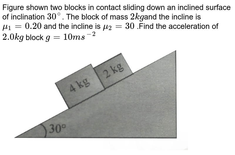 Figure shown two blocks in contact sliding down an inclined surface of inclination `30^(@)`. The friction coefficient between  block of mass `2 kg `and the incline is `mu_(1) = 0.20` and that between the block of mass 4kg and the incline is `mu_(2) = 0.30` .Find the acceleration of `2.0 kg` block `g = 10 ms^(-2)`<br> <img src="https://d10lpgp6xz60nq.cloudfront.net/physics_images/BMS_V01_C07_S01_023_Q01.png" width="80%">