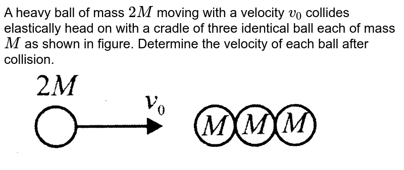 A heavy ball of mass `2M` moving with a velocity `v_(0)` collides elastically head on with a cradle of three identical ball each of mass `M` as shown in figure. Determine the velocity of each ball after collision.  <br> <img src="https://d10lpgp6xz60nq.cloudfront.net/physics_images/BMS_VOL2_C01_E01_048_Q01.png" width="80%">