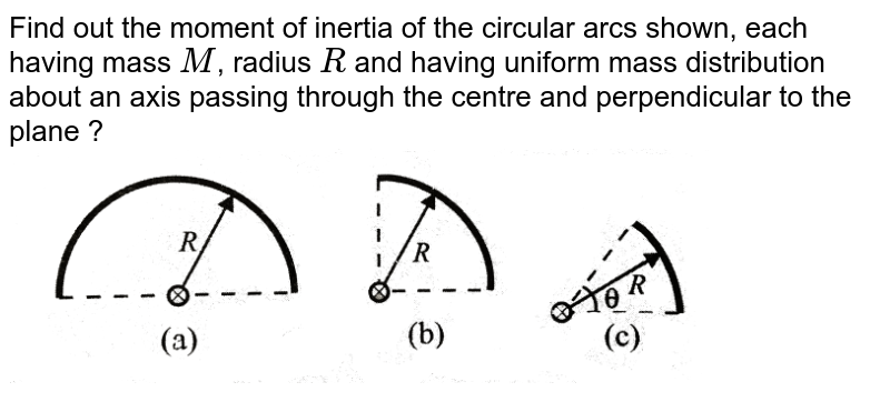 Find out the moment of inertia of the circular arcs shown, each having mass `M`, radius `R` and having uniform mass distribution about an axis passing through the centre and perpendicular to the plane ? <br> <img src="https://d10lpgp6xz60nq.cloudfront.net/physics_images/BMS_VOL2_C02_E01_008_Q01.png" width="80%">