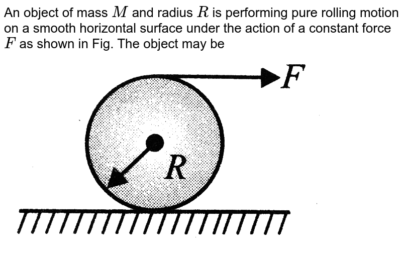 An object of mass `M` and radius `R` is performing pure rolling motion on a smooth horizontal surface under the action of a constant force `F` as shown in Fig. The object may be <br> <img src="https://d10lpgp6xz60nq.cloudfront.net/physics_images/BMS_VOL2_C03_E01_132_Q01.png" width="80%">