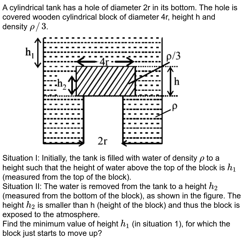 A cylindrical tank has a hole of diameter 2r in its bottom. The hole is covered wooden cylindrical block of diameter 4r, height h and density `rho//3`. <br> <img src="https://d10lpgp6xz60nq.cloudfront.net/physics_images/JMA_MPSF_C08_046_Q01.png" width="80%"> <br> Situation I: Initially, the tank is filled with water of density `rho` to a height such that the height of water above the top of the block is `h_1` (measured from the top of the block). <br> Situation II: The water is removed from the tank to a height `h_2` (measured from the bottom of the block), as shown in the figure. The height `h_2` is smaller than h (height of the block) and thus the block is exposed to the atmosphere. <br> Find the minimum value of height `h_1` (in situation 1), for which the block just starts to move up?