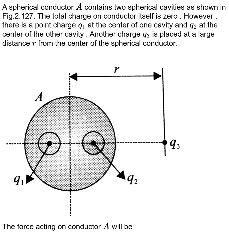 A spherical conductor `A` contains two spherical cavities as shown in Fig.2.127. The total charge on conductor itself is zero . However , there is a point charge `q_(1)` at the center of one cavity and `q_(2)` at the center of the other cavity . Another charge `q_(3)` is placed at a large distance `r` from the center of the spherical conductor. <br> <img src="https://d10lpgp6xz60nq.cloudfront.net/physics_images/BMS_V03_C02_E01_126_Q01.png" width="80%"> <br> The force acting on conductor `A` will be 