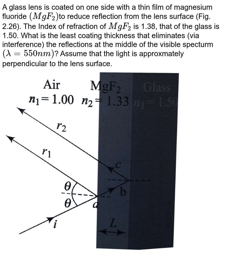 A glass lens is coated on one side with a thin film of magnesium fluoride `(MgF_(2))`to reduce reflection from the lens surface (Fig. 2.26). The Index of refraction of `MgF_(2)` is 1.38, that of the glass is 1.50. What is the least coating thickness that eliminates (via interference) the reflections at the middle of the visible specturm `(lambda = 550nm)`? Assume that the light is approxmately perpendicular to the lens surface. <br> <img src="https://d10lpgp6xz60nq.cloudfront.net/physics_images/BMS_V04_C02_S01_013_Q01.png" width="80%">
