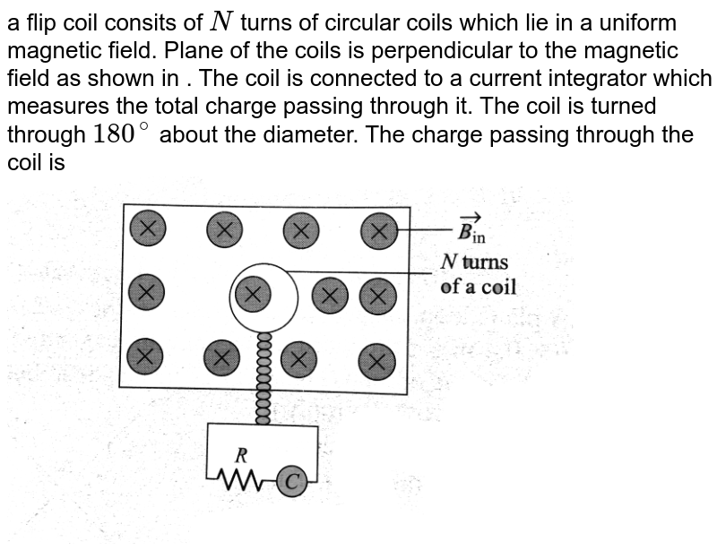 A flip coil consits of N turns of circular coils which lie in a uniform magnetic field. Plane of the coils is perpendicular to the magnetic field as shown in figure. The coil is connected to a current integrator which measures the total charge passing through it. The coil is turned through 180^(@) about the diameter. The charge passing through the coil is